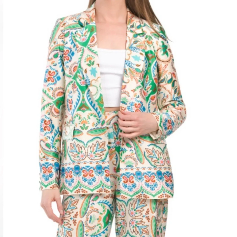 Rachel Zoe Multicolored Printed Satin Blazer & Pant Set NEW Women’s Large - Picture 2 of 16